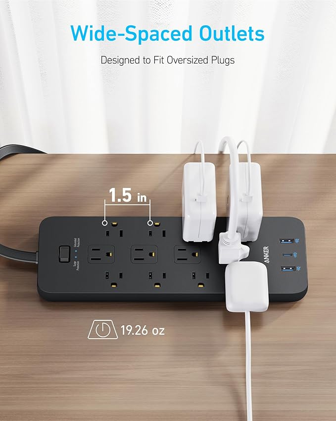 Anker Surge Protector Flat Plug Power Strip(2100J), 12 AC Outlets, 5feet Flat Extension Cord, 1USB C and 2 USB Ports for Multiple Devices, 20W Fast Charging for Home, Office, Dorm Essential, TUV