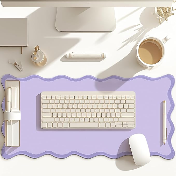 Scalloped Desk Mat Large Scalloped Piping Cute Desk Mat Aesthetic Preppy Table Pad Large Nonslip Pad with Edge Stitching Waterproof Gaming(Purple,31.5 x 15.75 Inches)