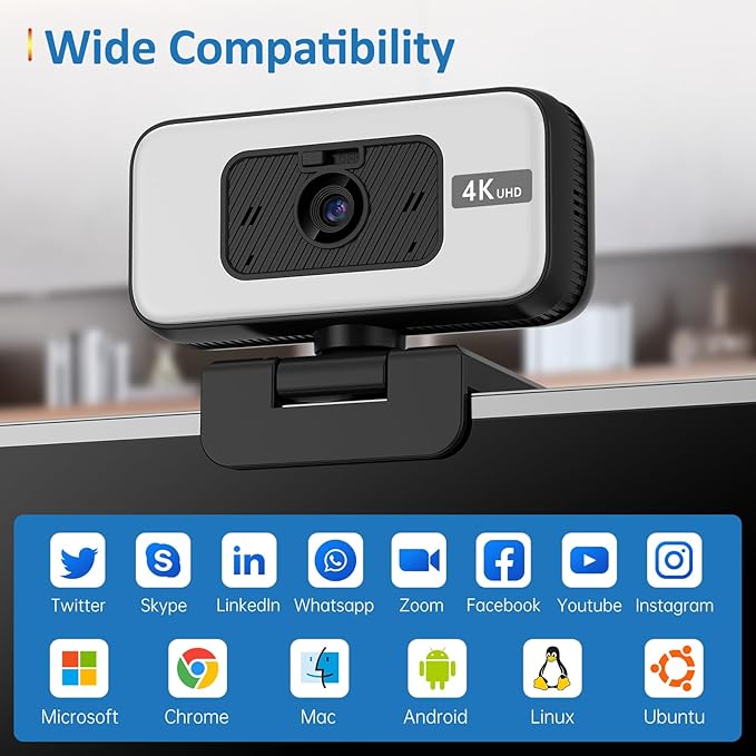 4K Webcam with Light for PC & Laptop & Mac, Computer Camera with AI PDAF AutoFocus, Four Physical Controls Buttons, Adjustable Webcam Light, Privacy Cover for Remote Work