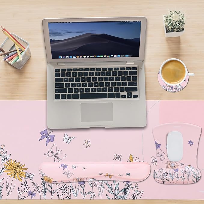 MEGREZ 4-in-1 Ergonomic Memory Foam Wrist Rest Set, Desk Pad, Mouse Pad with Wrist Rest, Keyboard Pad, Suitable for Office Workers, Programmers & Gamers–Relieve Typing & Gaming Fatigue, Light Pink
