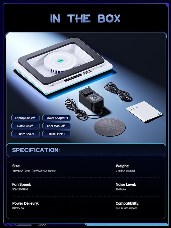 llano RGB Laptop Cooling Pad, White, Powerful Turbofan, Quiet Cooling, Touch Control, LCD Screen, Seal Foam, 15-19in Laptops