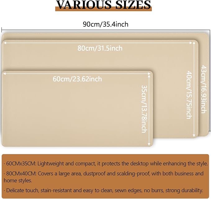 Beige Leather Desk Mat Large Mouse Pad, Waterproof Desk Pad for Keyboard and Mouse, Non-Slip Computer Desk Protector, Smooth Mouse Movement Desk Mat for Home and Office(31.5"×15.7")
