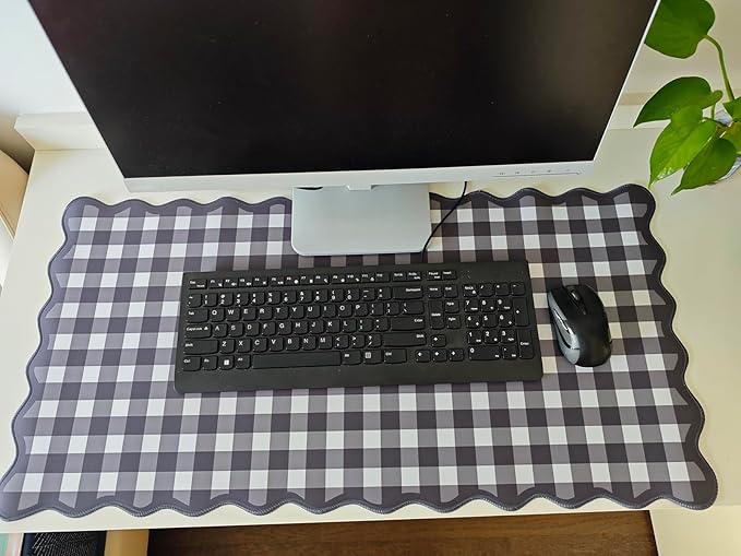 Scalloped Black Desk Mat Checkered Gingham Cute XXL Large Gaming Mouse Pad Kawaii Vintage Cottagecore Keyboard Computer Mat for Desktop Aesthetic Desk Pad Accessories Decor for Women
