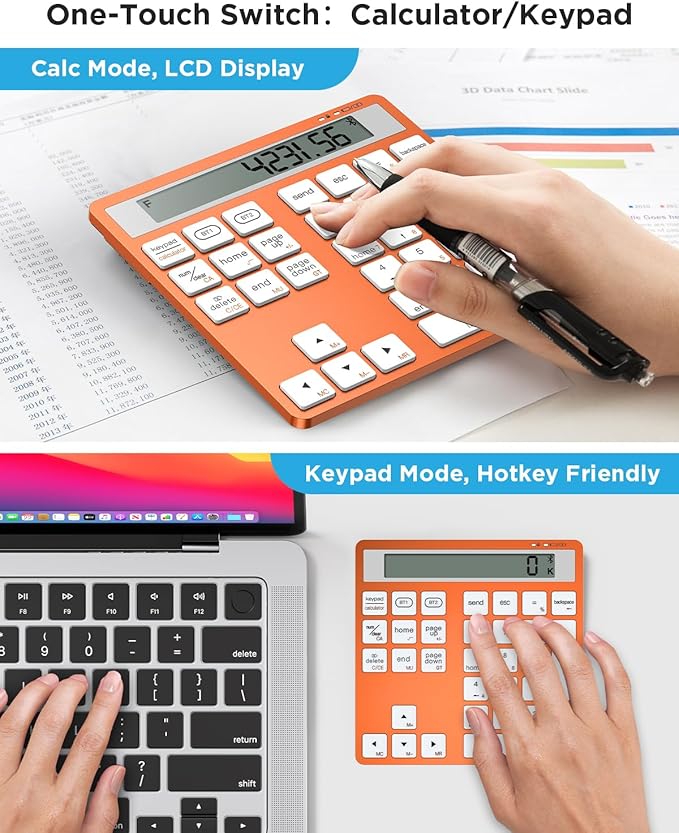 HoRiMe Number Pad for Laptop - Rechargeable Wireless Number Keypad 34 Keys with Dual Bluetooth, 2 in 1 Numeric Keypad Calculator with Display - Portable Slim Numpad for Windows, Mac, iMac, PC, Tablet