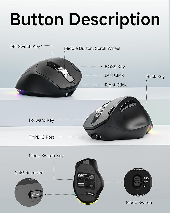 C2 Ergonomic Wireless Mouse, Rechargeable Bluetooth & 2.4G Dual Mode Computer Mouse with RGB, Quiet Clicks, 5 Adjustable 4000 DPI, Comfortable Grip for Laptop, PC, Mac, Office - Black