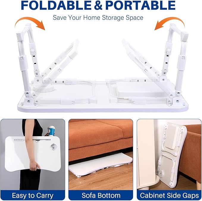 Laptop Desk for Bed, Height Adjustable Laptop Bed Table, Foldable Portable Lap Desk Stand with USB/Storage Drawer/Cup Holder/Slot, Breakfast Tray for Working Reading Writing Eating, White