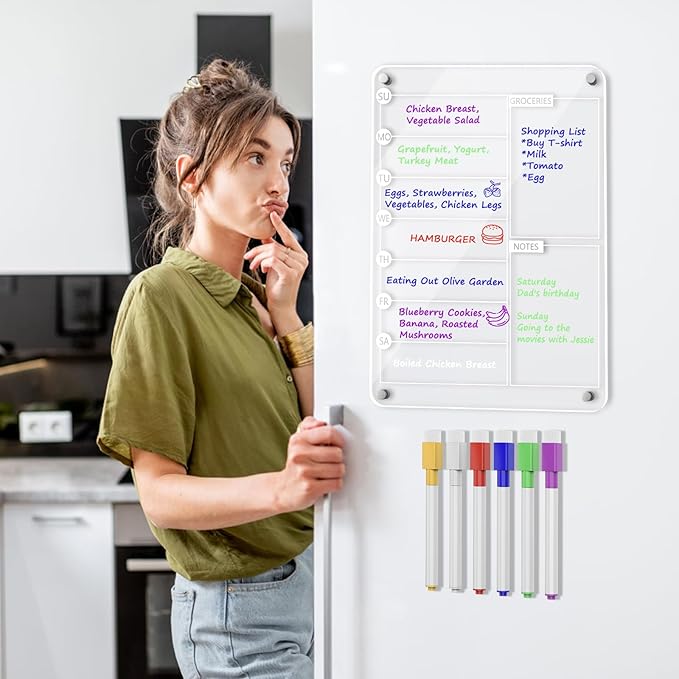 Acrylic Meal Planner Magnetic Menu Board for Kitchen Fridge, 13"x9" Clear Weekly Calendar Planning Board Noteboard Refrigerator Dry Erase Board to Do/Grocery/Shopping Lis Includes 6 Markers