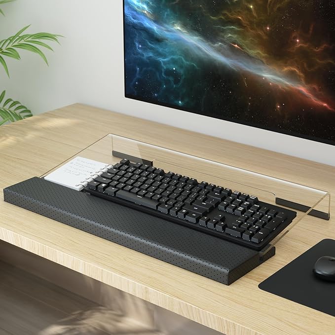 Acrylic Keyboard Stand with Ergonomic PU Leather Wrist Rest & Storage – Adjustable Tilted Riser for All Sized Keyboards, Office & Home Desk Organizer, Clear