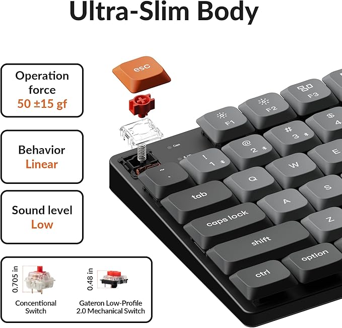 Keychron K1 Max Ultra-Slim QMK/VIA Bluetooth Wireless/USB Wired Custom Mechanical Keyboard, 2.4 GHz Hot Swappable TKL Layout RGB Backlight Ergonomic Keyboard with Low-Profile Gateron Red Switch