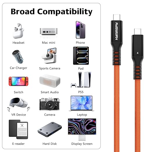 40Gbps Thunderbolt 4 Cable 10ft USB C to USB C Cable, 240W(5A) Charging Cord, Braided Type C Cable Compatible for Dual 8K/4K Display, USB4, SSD, eGPU, Mac Studio/mini, iPhone,Orange