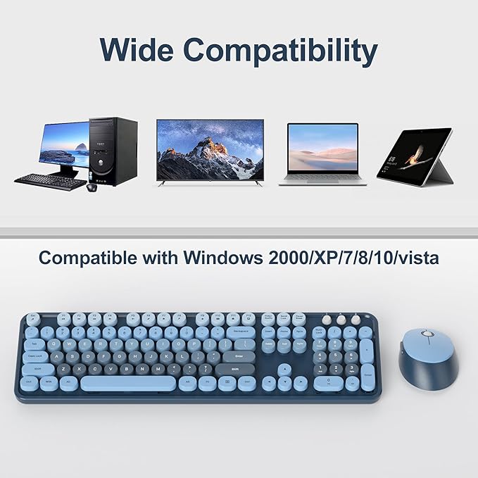 Blue Keyboard and Mouse Combo Wireless, 2.4G Full Size 104-Key Retro Typewriter Keyboards Round Keys for Students Teenagers Home Office PC Laptop(Ocean Blue)