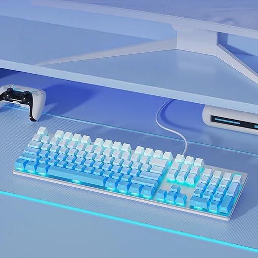 HP GK400F Mechanical Gaming Keyboard, 104 Keys Wired USB Keyboard with Tactile Brown Switches, Ice Blue LED Backlight, Full N-Key Rollover, Ergonomic Design, White & Blue Gradient
