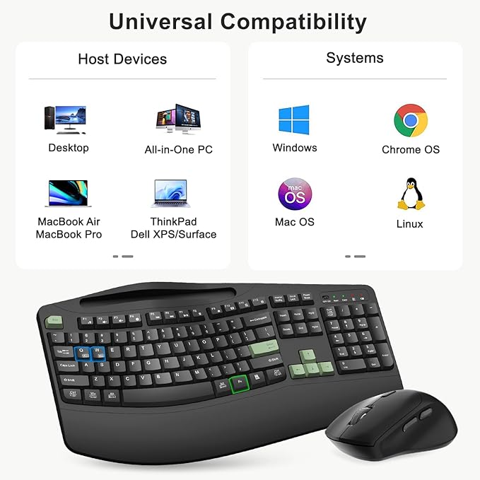 Wireless Keyboard and Mouse Combo, 2.4G Full Size Wave Keys Ergonomic Keyboard with Wrist Rest, Phone Holder, 3-Level DPI Wireless Silent Mouse with 6-Buttons, for Windows (Avocado Green and Black)