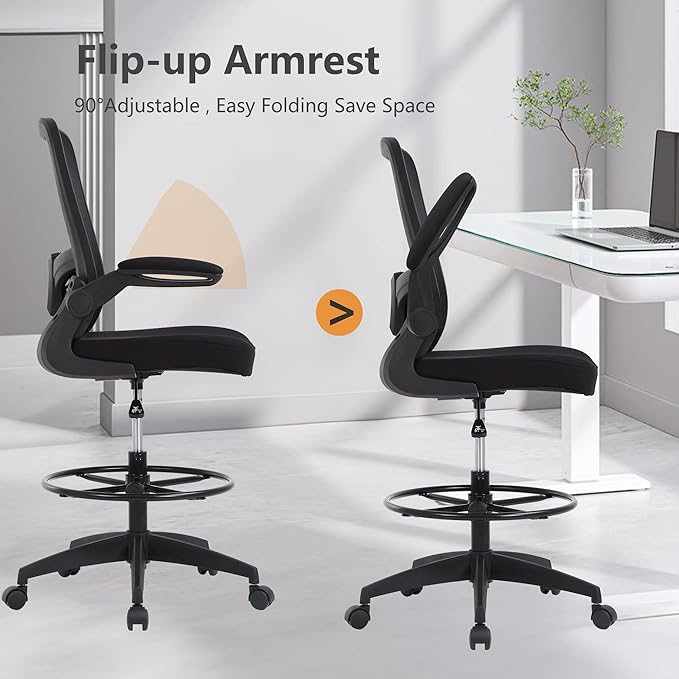 BestOffice Drafting Chair Tall Office Chair Adjustable Height with Lumbar Support Flip Up Arms Footrest Mid Back Task Mesh Desk Chair Computer Chair Drafting Stool for Standing Desk (B-Black)