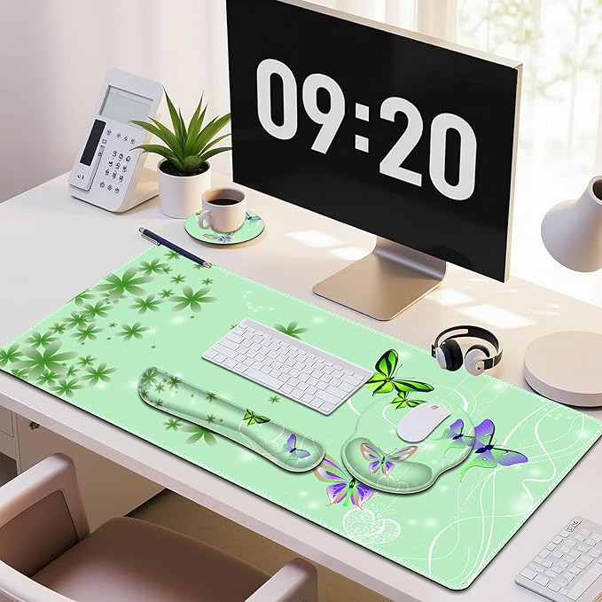 Mint Green Butterflies Florals Mouse Pad, XXL Large Desk Mat Extended Reading Desk pad, 4PCS Non-Slip Rubber Base Computer Big Mousepads for Work, Game, Office, Home Decor Cute Girls Woemn Gifts