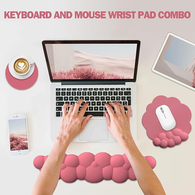 Cloud Keyboard Wrist Rest and Mouse Pad with Wrist Support Set, Ergonomic PU Leather Mouse Pads, Pain Relief Memory Foam Non-Slip for Computer,Laptop, Morandi Red