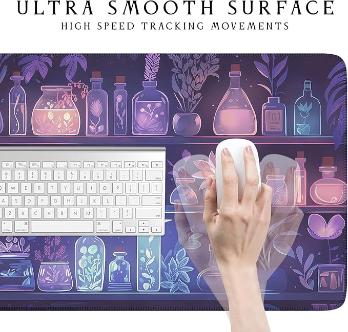 Witchy Purple Pink Blue Glowing Herbs Desk Mat,Enchanted Botanical Plants Shelf Large Mouse Pad- XL Mystical Desk Pad for Gaming, Office, Dorm-Fantasy Aesthetic Gift- Magic Home Decor 31.5" x 15.7"