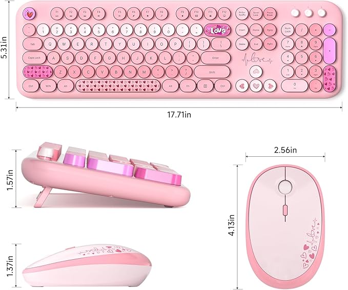 KNOWSQT Wireless Keyboard and Mouse Combo - Lovely Pink Rainbow 2.4G Full-Sized Colorful Keyboards, Round Keycap USB Dongle Plug Play Cute Keyboards for Windows, Laptop, PC, Desktop, Mac