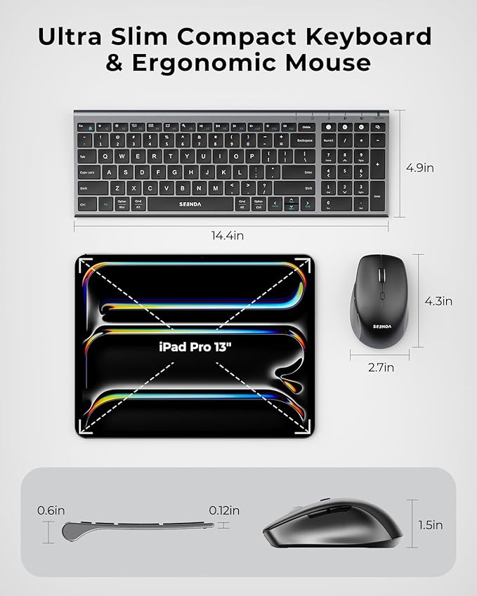 seenda Wireless Bluetooth Keyboard and Mouse Combo, COE401 Rechargeable Slim Keyboard Mouse, 3 Multi-Device Connection, Compact Quiet Set Compatible for Mac/Windows Laptop MacBook iPad, Black Gray