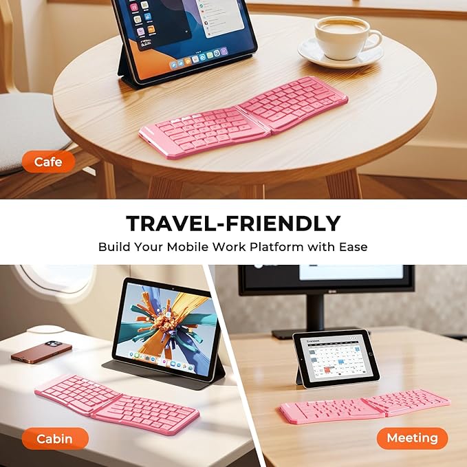 MEETION Ergonomic Foldable Bluetooth Keyboard, Split Compact Portable Keyboard for Business Travel, Ultra-Thin Folding Rechargeable Wireless Keyboards for iOS Android Windows Mac Tablet PC, Pink