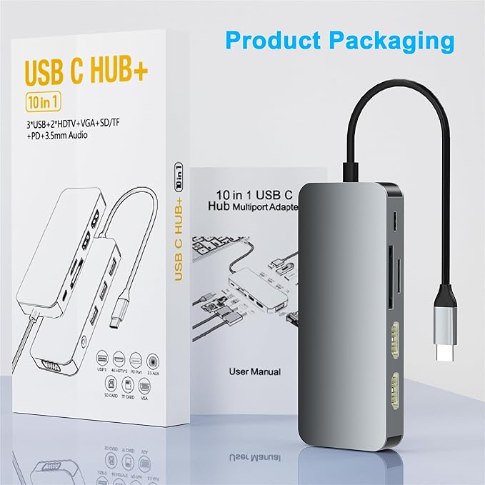 Docking Station Dual Monitor, USB C to Dual HDMI Adapter, Computer Docking Station for Laptop, Dual Monitor Adapter, 10 in 1 USB C Hub Multiport with HDMI/VGA/PD/USB/SD/TF/3.5mm Audio
