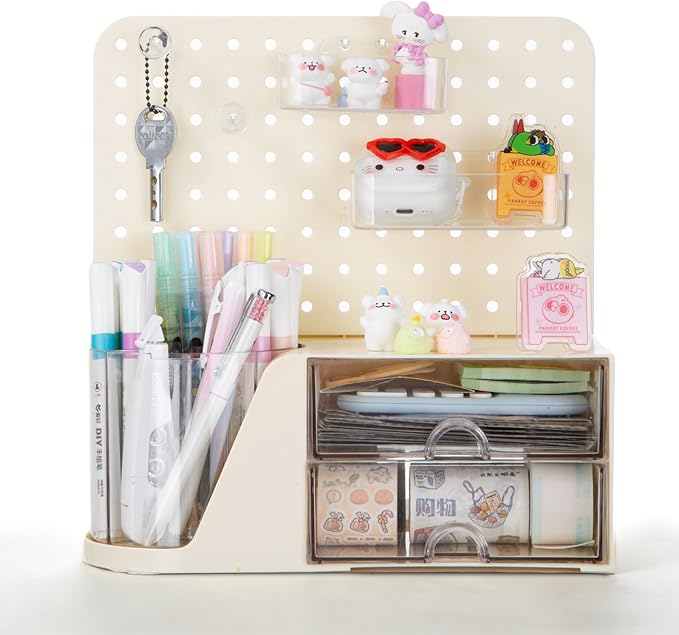 Comix Desk Organizer with 2 Drawer, Multifunctional Pen Holder for Desk, Desktop Organizer with Pegboard + Drawer + 5 Slots Pencil Holder for Office Home Art Supplies (White)