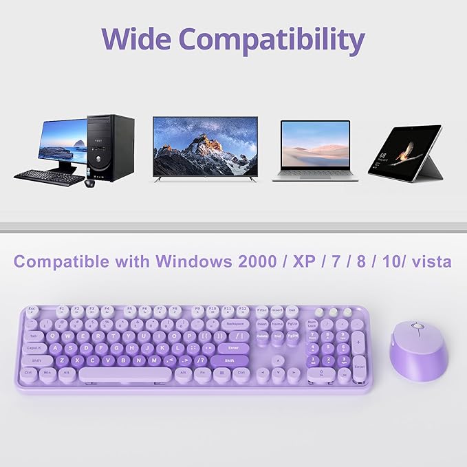 Cute Purple Keyboard and Mouse Combo Wireless, 2.4G Full Size 104-Key Retro Typewriter Keyboards Round Keys for Students Teenagers Home Office PC Laptop(Diary Purple)
