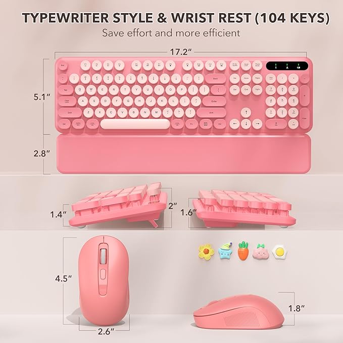 Wireless Keyboard and Mouse Combo, Cute Full-Size Retro Typewriter Keyboard with Round Keycaps, Magnetic Wrist Rest, Tilt Legs, 2.4GHz Cordless for Mac, Windows PC, Laptop, SABLUTE CK23, Baby Pink