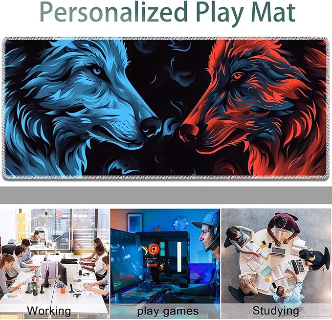 Large Gaming Mouse Pad + Keyboard Wrist Rest + Wrist Support + Coaster Set, Memory Foam Ergonomic for Easy Typing, XXL Extended Gaming Mouse Pad Table Pad - Flame Double Wolf