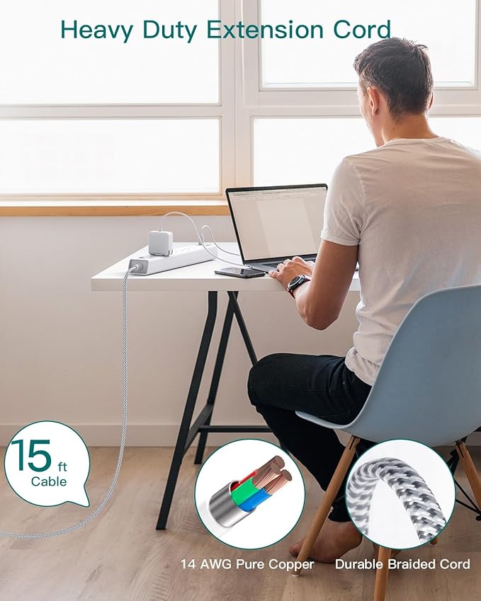 15FT Power Strip Surge Protector, Extension Cord with Multiple Outlets, 6 AC Outlet 4 USB (2 USB C), Flat Plug, Wall Mount, Multi Plug Outlet Extender for Home Office Dorm Room Essentials