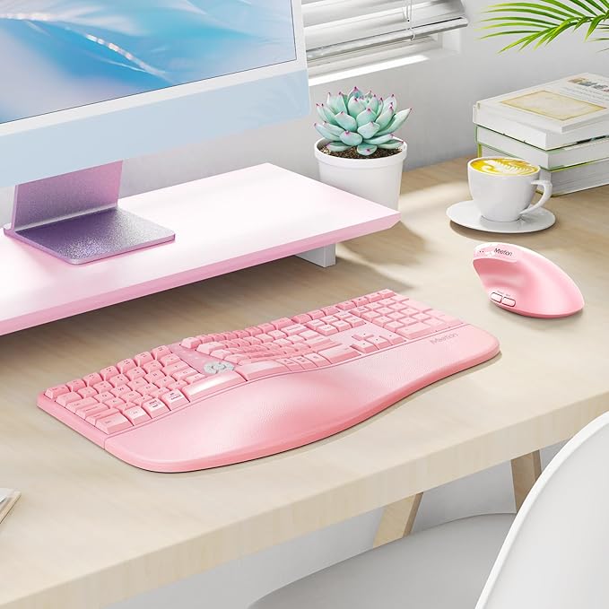 MEETION Ergonomic Keyboard and Mouse, Wireless Keyboard with Vertical Mouse, Split Curved Keyboard with Wrist Rest, Natural Typing Full Size, Windows/Mac/Computer/Laptop, Pink