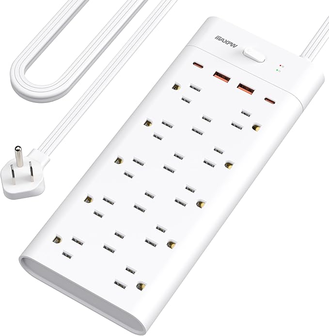 Power Strip Surge Protector Outlet Extender with 14 Outlets and 4 USB Ports (2 USB C), 10 Ft Extension Cord & Flat Plug, 1700 Joules, Wall Mount for Home, Office, Dorm, White