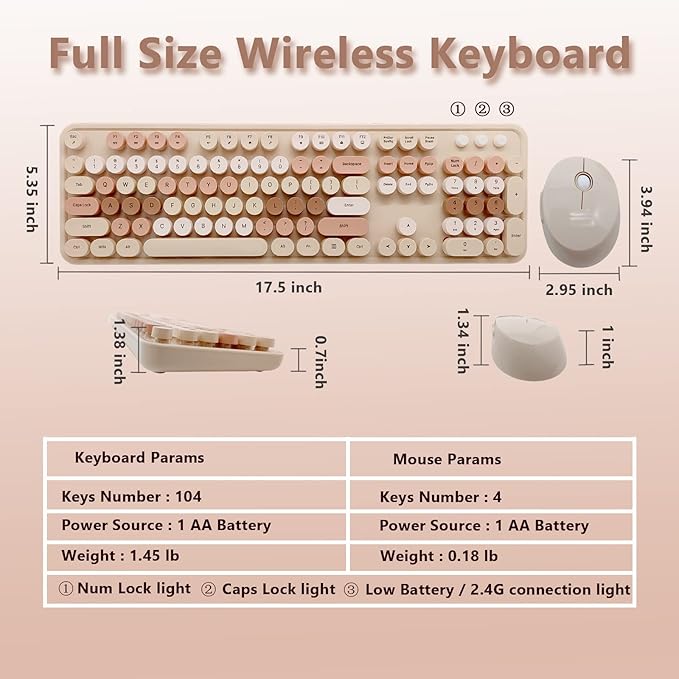 Wireless Keyboard and Mouse Combo, Ergonomic Cute Retro Typewriter Full Size Colorful USB Cordless Keyboard Mouse Set for Gaming and Office (Milk Tea)