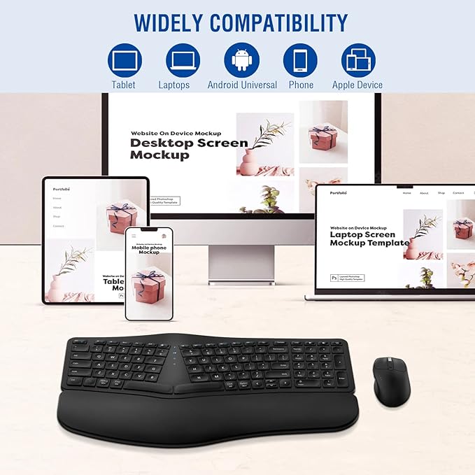 MK960 Ergonomic Wireless Keyboard Mouse Combo, Bluetooth/2.4G Split Design Keyboard with Palm Rest and 4 Level DPI Adjustable Wireless Mouse Multi-Device, Rechargeable, for Windows/Mac/Android