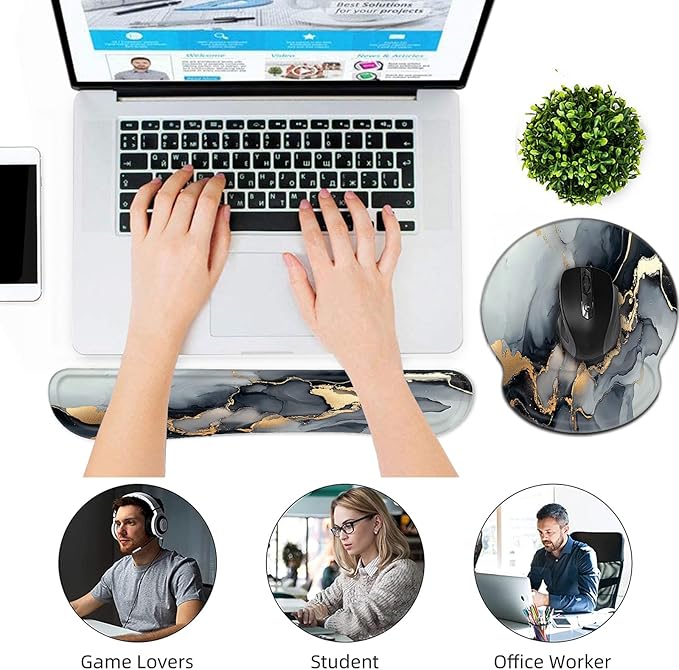 Keyboard Wrist Rest and Mouse Pad Wrist Support Set,Ergonomic Memory Foam Wrist Pad & Non Slip Base for Home Office Working Studying Easy Typing,Pain Relief(Black Gold Marble)