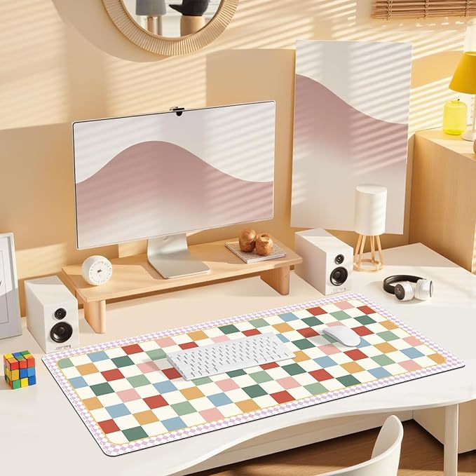 Desk Pad for Keyboard and Mouse, Large Mouse Pad for Desk, Non-Slip Keyboard Mat, Computer Mats for Desk, Cute Desk Pad with Stitched Edges for Office, Gaming I Multicolored Plaid