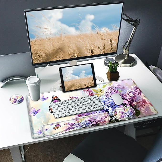 Large Mouse pad and Keyboard Support Set, Ergonomic Memory Foam Keyboard Wrist Rest, Extended Gaming Mouse Pad with Stitched Edges, Flowers in Vase XXL Desk Mat (31.5 X 11.8 in)