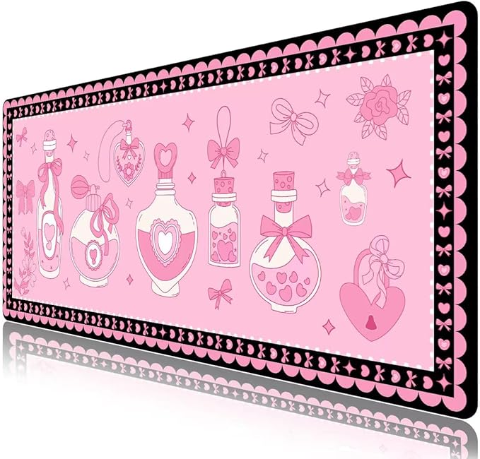 Mouse Pad, Cute Cool XXL Large Desk Mat for Desk Cover, Anti-Slip Big Mousepad with Stitched Edges, Keyboard Mat for Computer Desktop Table Protector I Pastel Pink Magic Bottles