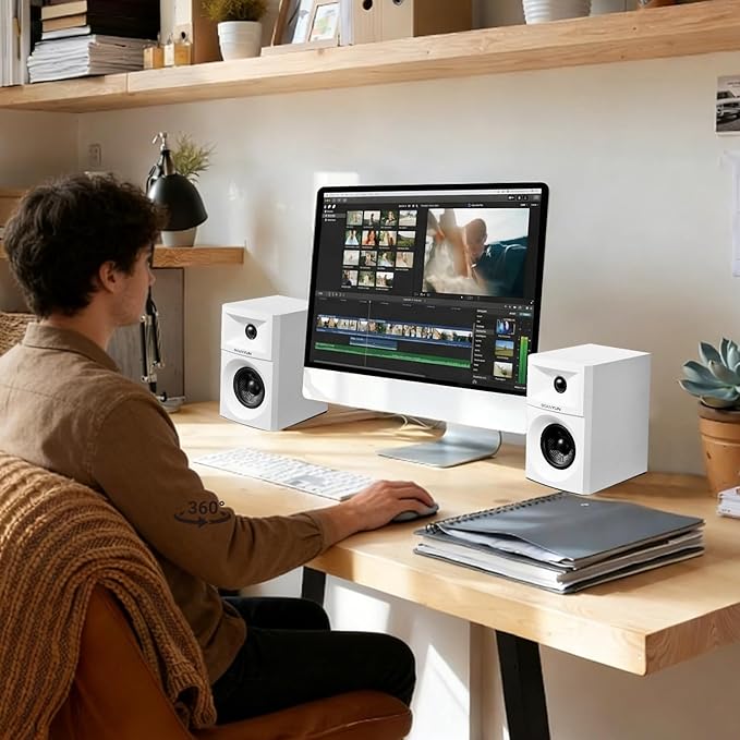 Sanyun SW203 4.0 Computer Speakers - 60W 4-Way DSP Control 3D Immersive Sound - 3" Carbon Fiber Woofer & 20mm Silk Dome Tweeter - 24bit DAC USB/Bluetooth 5.4/AUX - Studio-Grade Audio (Pair, White)