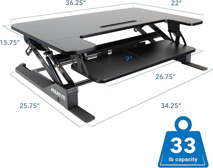 Mount-It! Standing Desk Converter - Height Adjustable Stand Up Desk with Gas Spring Riser - Wide 36 Inch Sit Stand Workstation Fits Dual Monitors – Black (MI-7926)