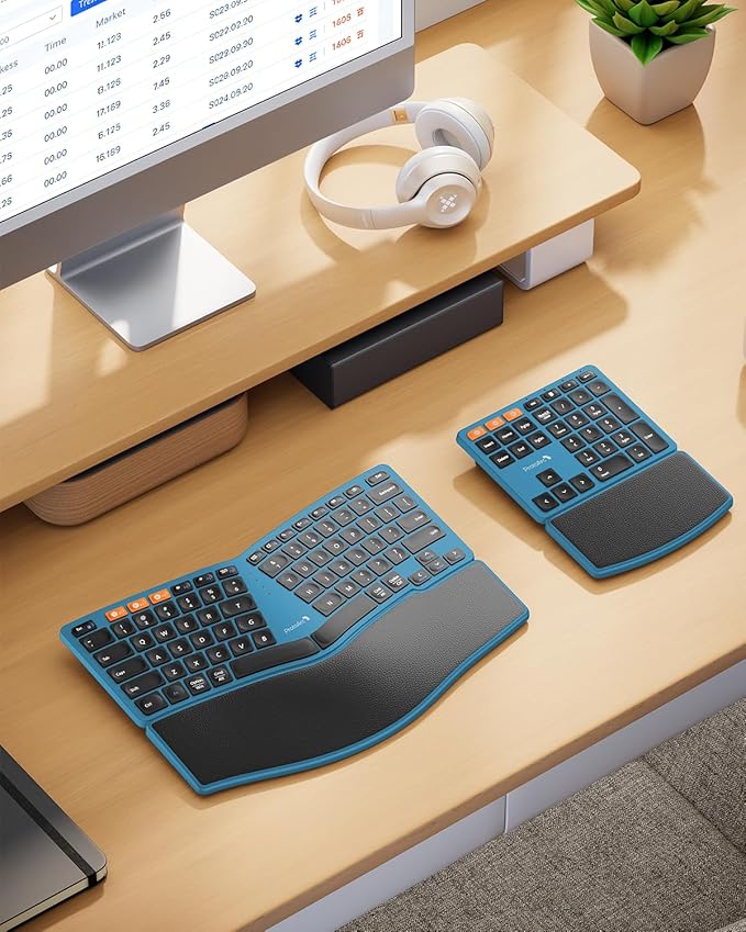 ProtoArc Bluetooth Ergonomic Keyboard, Wireless Split Keyboard with Separate Number Pad, Dual Bluetooth and USB, Hard Wrist Rest, Rechargeable for Windows/Mac/Android - Blue