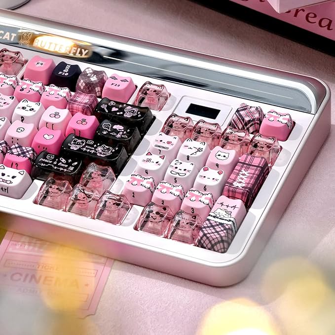 26 Keys Crystal Jelly Personalized Keycaps, PC Material Cute Black Pink Cat Transparent Custom Keycaps, Mao Profile Keycap for DIY MX Swithes Mechanical Keyboards