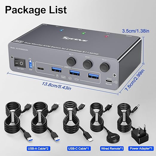 KCEVE KVM Switch 2 Monitors 3 Computers USB C HDMI DP, EDID, USB 3.0 KVM Switch Dual Monitor HDMI for 1 Laptops 2 Desktop Share 4 USB3.0 Device, 73W PD, 4K@60Hz, Aluminum, Power Adapter, Wired Remote