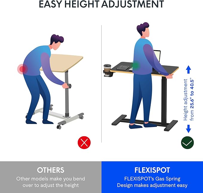 FLEXISPOT Mobile Standing Desk with Wheels Pneumatic Laptop Desk Rolling Computer Cart Movable Height Adjustable Small Sit Stand Desk Computer Workstations Home Use(27.6" W x 15.7" D, Black+Maple