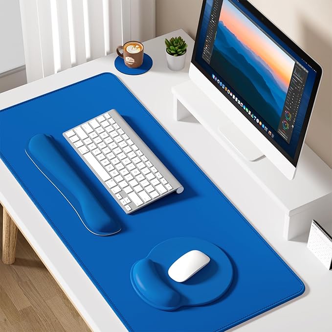 Dapesuom Large Gaming Mouse Pad, Mouse Pads with Wrist Rest Wrist Support, 4in1 XXL Desk Mat Desk Pad + Ergonomic Mousepad + Memory Foam Keyboard Mat Wrist Rest + Coaster Set for Computer, Dark Blue