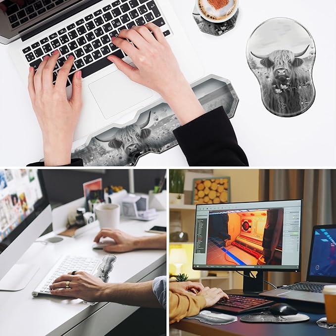Ergonomic Mouse Pad with Wrist Support and Keyboard Wrist Rest Set + Coaster,Cute Mouse Pads Non Slip Rubber Base Mousepad for Computer Laptop Home Office Working Gaming,Highland Cow Ox Cattle