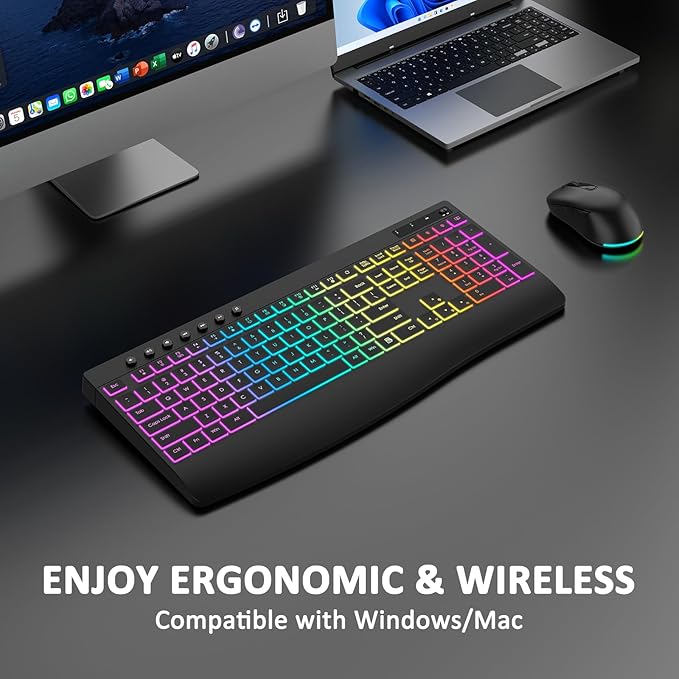 Wireless Keyboard and Mouse Combo, 9 Backlit Effects, 4000mAh Rechargeable Backlit Keyboard with Wrist Rest, 6 Button Mouse, 2.4G Full Size Quiet Keyboard Set for Computer, PC, Laptop, Mac, Windows