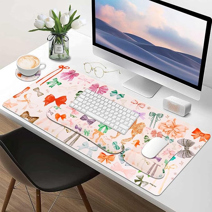 MEGREZ 4-in-1 Ergonomic Memory Foam Wrist Rest Set, Desk Pad, Mouse Pad with Wrist Rest, Keyboard Pad, Suitable for Office Workers, Programmers & Gamers–Relieve Typing & Gaming Fatigue, White Bow