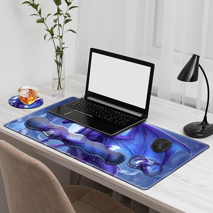 Gaming Mouse Pad Set, Majestic Purple Dragon Large Desk Mat Mousepad, Keyboard Wrist Support, Mouse Wrist Rest, Coaster 4in1 Ergonomic Memory Foam, Non-Slip Stitched Edge for Home Office