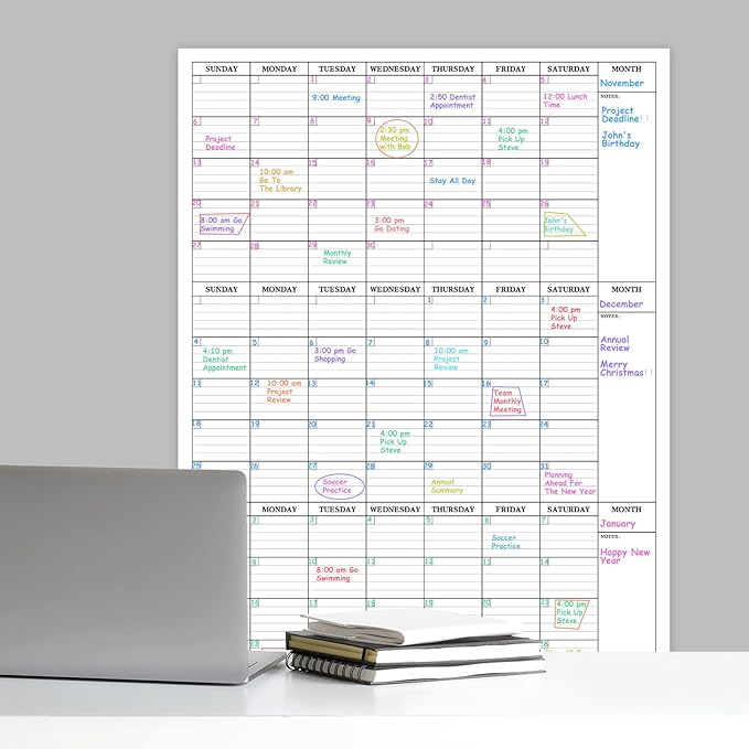 Large Dry Erase Calendar for Wall - 3 Month Vertical Wall Calendar, Reusable Quarterly Calendar Planner Undated, 27.8" x 41" Laminated Whiteboard